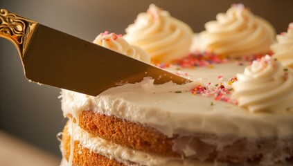 Slicing two-tier vanilla sponge cake on kitchen countertop, gold-handled server lifting frosting