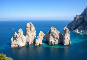 Iconic Capri Faraglioni sea stacks rise from turquoise Mediterranean waters,  image,  sea stacks
