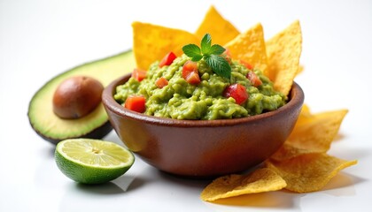 Bowl of green guacamole dip with tomato chunks and mint leaves next to tortilla chips. Fresh avocado half and lime slice are on white table. Healthy mexican appetizer.