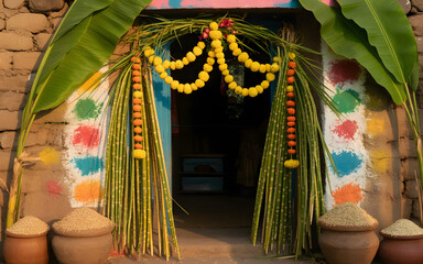 Traditional Pongal Harvest Festival Backdrop at Rural Indian Home Entrance with Banana Leaves, Sugarcane and Marigold Garlands