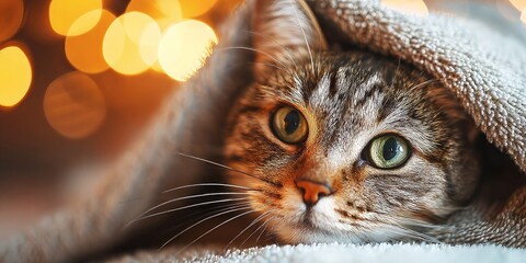 Green-eyed tabby cat peeks from soft towel on bed, whiskers sharp in foreground, warm golden bokeh lights behind, close-up portrait, cozy holiday atmosphere