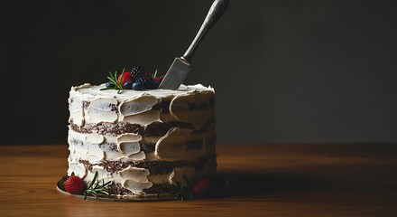 Rustic layer cake adorned with berries and a vintage serving knife