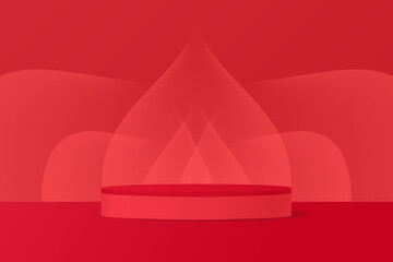 Red podium, abstract background with gradient cones and bubbles