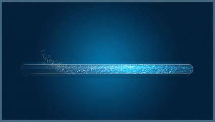 Glowing rounded glass progress bar showing lit blue fill on deep gradient screen, with particles