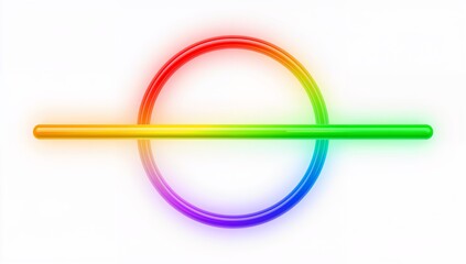 Displaying glossy rainbow ring intersecting horizontal cylindrical bar on white canvas, subtle halo
