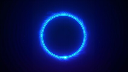 Radiating electric-blue neon ring pulsing over dark void backdrop, with radial light spikes