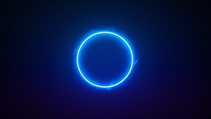 Obraz premium Glowing neon blue ring floating on deep navy purple gradient, emitting soft halo and faint wisps