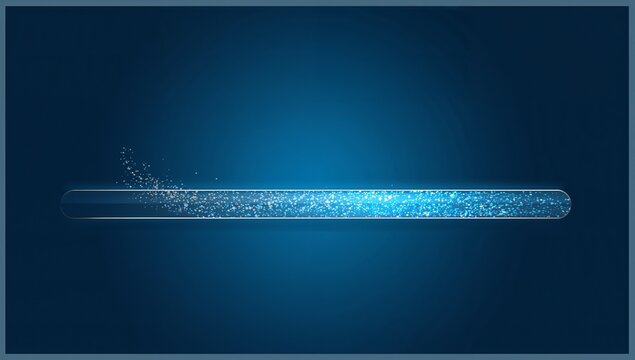Glowing rounded glass progress bar showing lit blue fill on deep gradient screen, with particles - Powered by Adobe