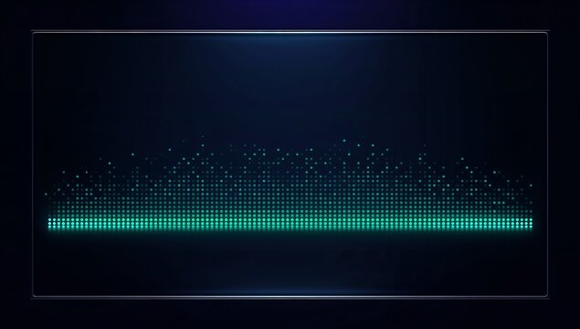 Glowing glass display showing rising teal dot grid equalizer on dark digital dashboard, spotlight