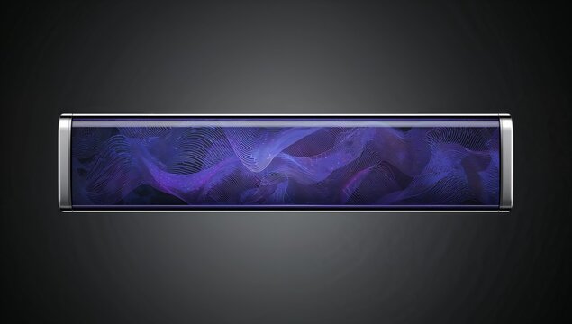Displaying curved display in studio, showing metallic end caps, glass bezel, purple blue visuals - Powered by Adobe