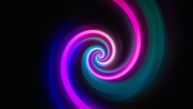 Swirling glowing spiral vortex rotating inward in dark void, with neon concentric bands