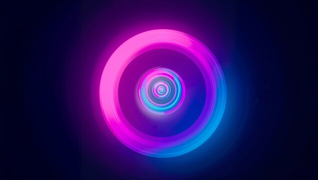Glowing concentric neon rings pulsing at center of navy-black gradient, showing halo motion-blur