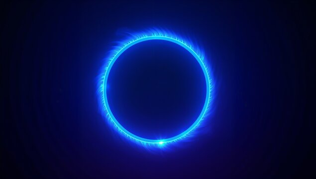 Radiating electric-blue neon ring pulsing over dark void backdrop, with radial light spikes