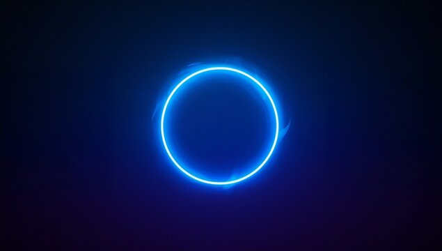 Glowing neon blue ring floating on deep navy purple gradient, emitting soft halo and faint wisps