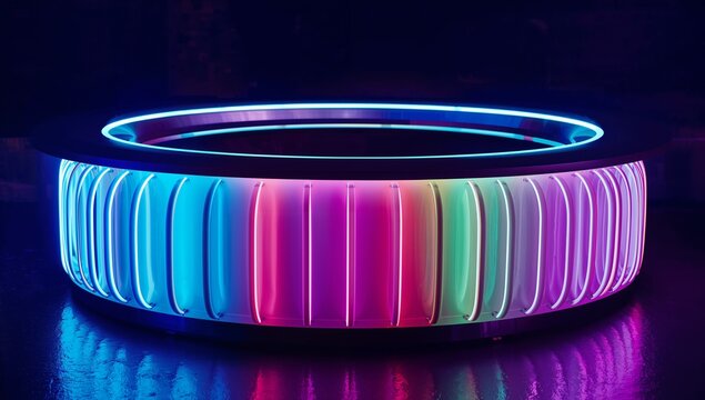 Glowing neon ring sitting on plinth in gallery, with vertical panels, inner rim, floor reflections - Powered by Adobe