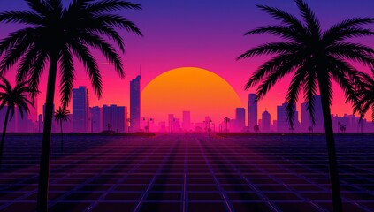 Glowing retro sun and dark skyline bathing waterfront at sunset, with palms, reflective grid