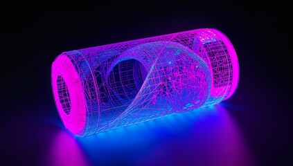 Glowing neon wireframe cylinder lying diagonally on dark shiny floor, showing inner sphere cavity