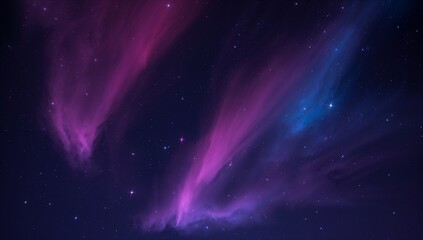 Fototapeta premium Glowing three aurora-like plumes sweeping across open night sky, with purple blue stars and clouds