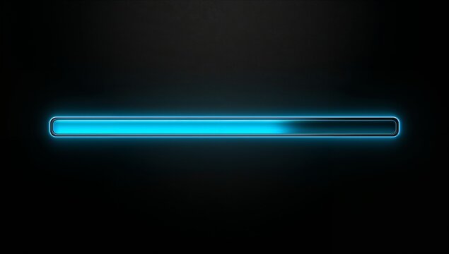 Displaying centered rounded progress bar advancing across gradient UI, with cyan fill and halo glow