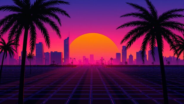 Glowing retro sun and dark skyline bathing waterfront at sunset, with palms, reflective grid