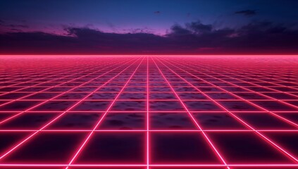 Glowing neon grid receding to vanishing point on glossy plane, with horizon glow and cloud layers