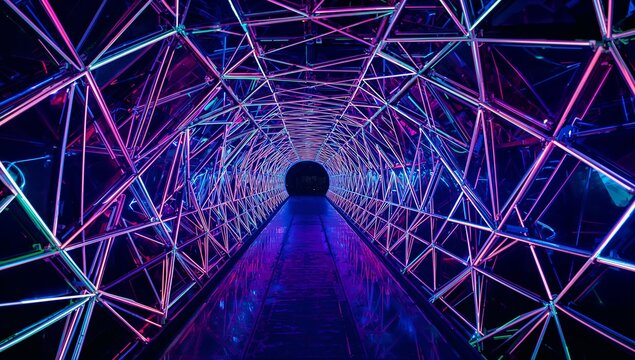 Leading triangular lattice tunnel drawing gaze in gallery, with magenta cyan LED tubes and mirrors - Powered by Adobe