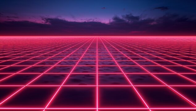 Glowing neon grid receding to vanishing point on glossy plane, with horizon glow and cloud layers - Powered by Adobe