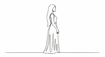 Elegant Woman in Flowing Gown Continuous Line Art Drawing.