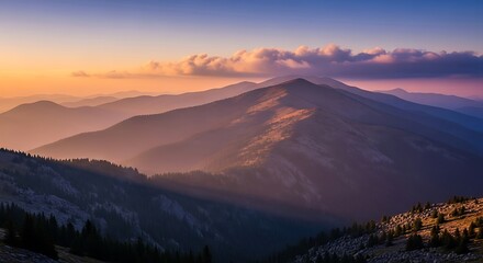 Majestic Mountain Range at Sunset - A Breathtaking Vista of Natures Beauty.