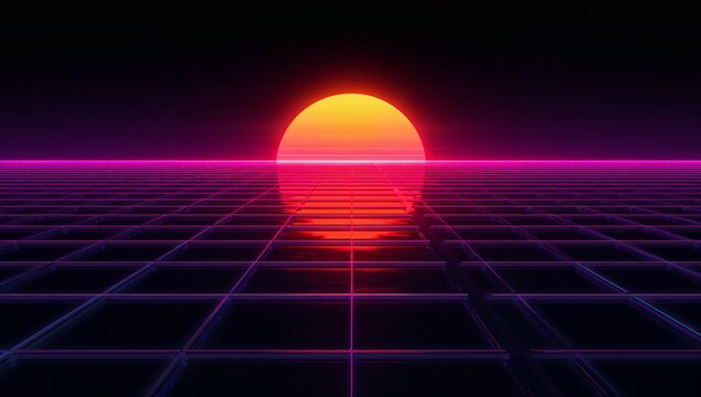 Glowing orange-yellow sun casting reflection on tiled grid at synthetic plain, with magenta horizon