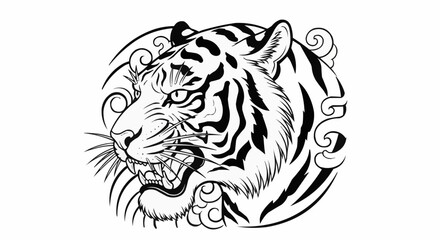 Fierce snarling tiger head in a traditional Japanese art style.