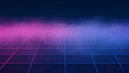 Glowing reflective tiles stretching to horizon at synthwave set, with neon grid lines and low fog