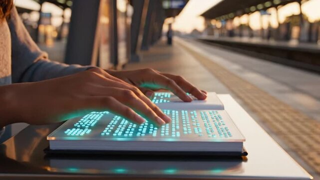 Futuristic touchscreen technology interaction at sunset train station platform