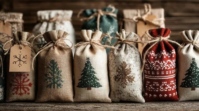 Tiny handmade burlap Christmas gift sacks lined on rustic wood, each topped with a pine cone, fir sprig and a tag stamped with a white snowflake design
