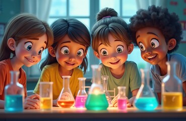 Diverse group of kids conduct science experiments in school laboratory. Young students smile as learn together. Chemistry flasks filled with colored liquids stand on table. Science education project.