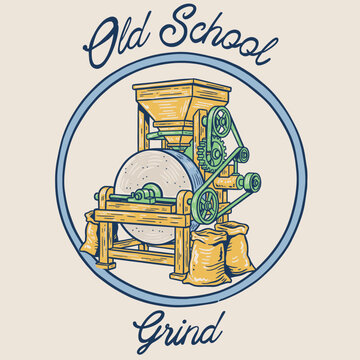 Old School Mill Grinder Badge.Vintage Grain Milling Machine.Retro Stone Grinding Emblem.Rustic Flour Industrial Label.Hand Drawn Mill Equipment