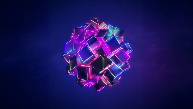 Floating spherical cluster hosting neon-lit metallic cubes with reflective faces in studio, haze