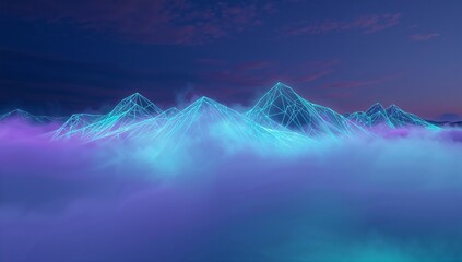 Glowing triangular-mesh neon peaks rising above dense violet magenta fog at twilight