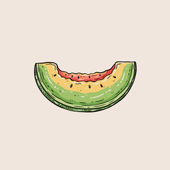 Bitten Summer Melon Slice.Hand Drawn Fruit Doodle.Retro Watermelon Snack.Sketchy Organic Dessert.Sweet Tropical Vector Art