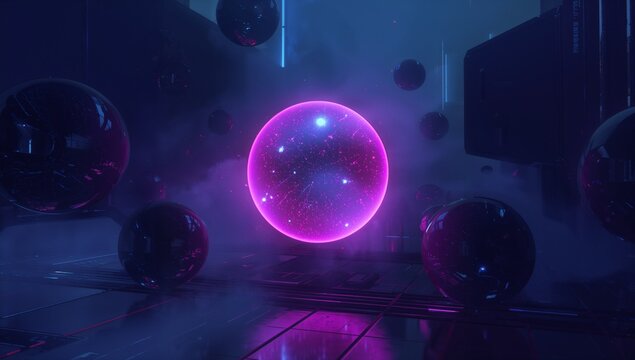 Floating magenta orb glowing inside dark futuristic chamber, with glossy black spheres - Powered by Adobe