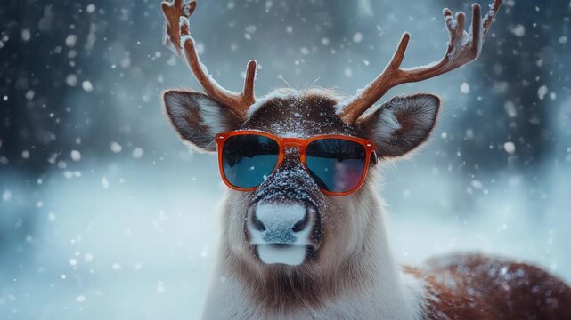Whimsical reindeer wearing red sunglasses, looking at camera amid falling snow in a frosty forest  playful, festive portrait perfect for Christmas and New Year greetings