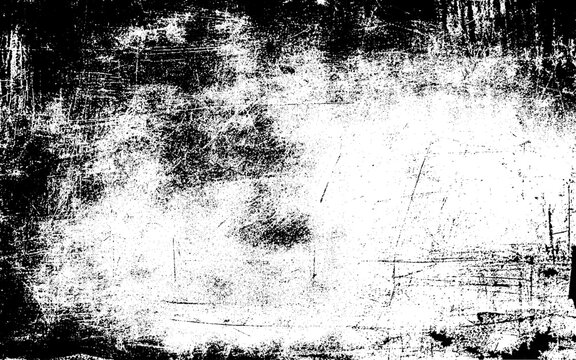 Black and white old textured overlay. Distressed rough photo effect. Old filter frame. Grunge texture with dust, scratches and grit stripes. Vector transparent retro decoration.