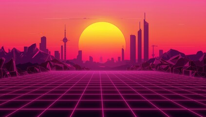 Glowing yellow sun dominating skyline at sunset, casting silhouettes of towers, antenna, neon grid