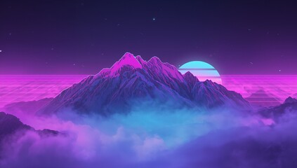 Dominating jagged mountain range towering over neon fog at magenta grid horizon, glowing cyan sun