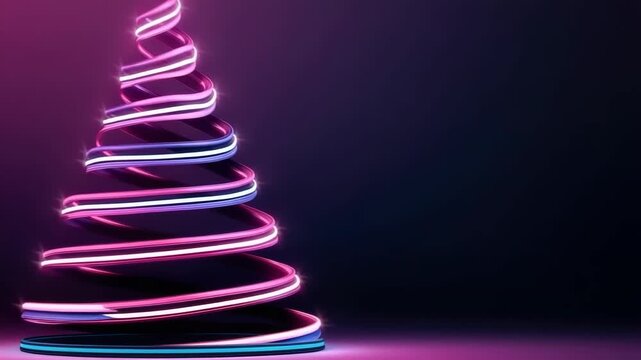 Contemporary neon Christmas tree formed by looping pink, purple and blue spirals glowing and spinning against a dark background for a modern, futuristic holiday greeting