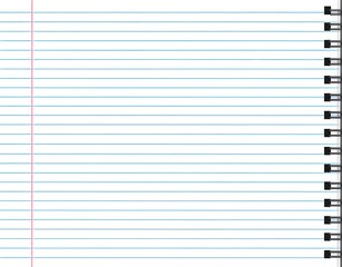 A spiral-bound notebook page with blue horizontal lines and a pink vertical line for margins
