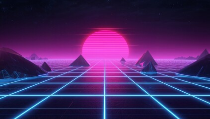 Glowing magenta sun with scanlines, drawing leading cyan grid across shiny plane, pyramids