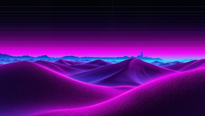 Glowing neon dunes rolling across desert landscape at night, showing cyan rim highlights, scanlines