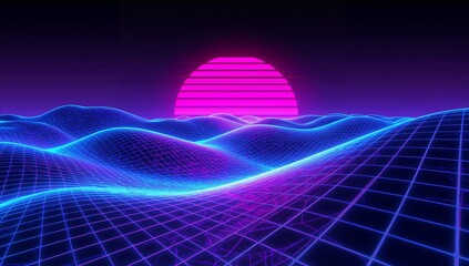 Glowing wireframe grid forming rolling cyan hills to horizon, showing magenta sun and purple glow