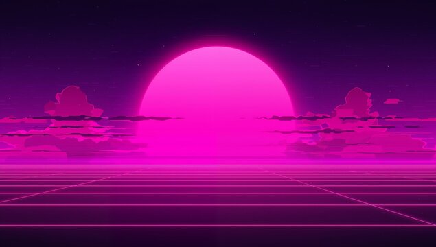 Glowing large magenta sun dominating horizon of synthwave plain, with layered neon clouds and grid - Powered by Adobe
